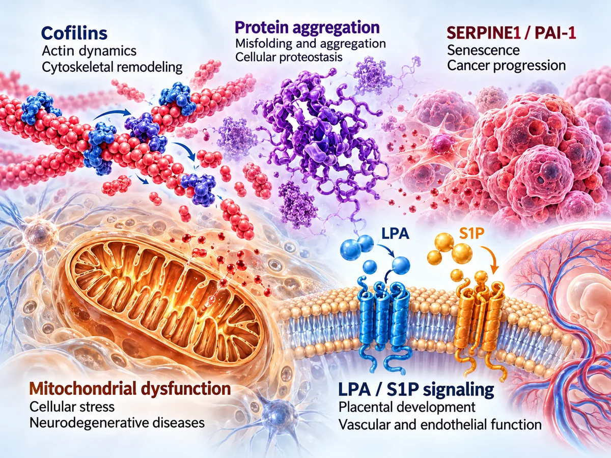 Disease signaling overview including cofilins, protein aggregation, mitochondrial dysfunction, SERPINE1 PAI-1, and LPA S1P signaling